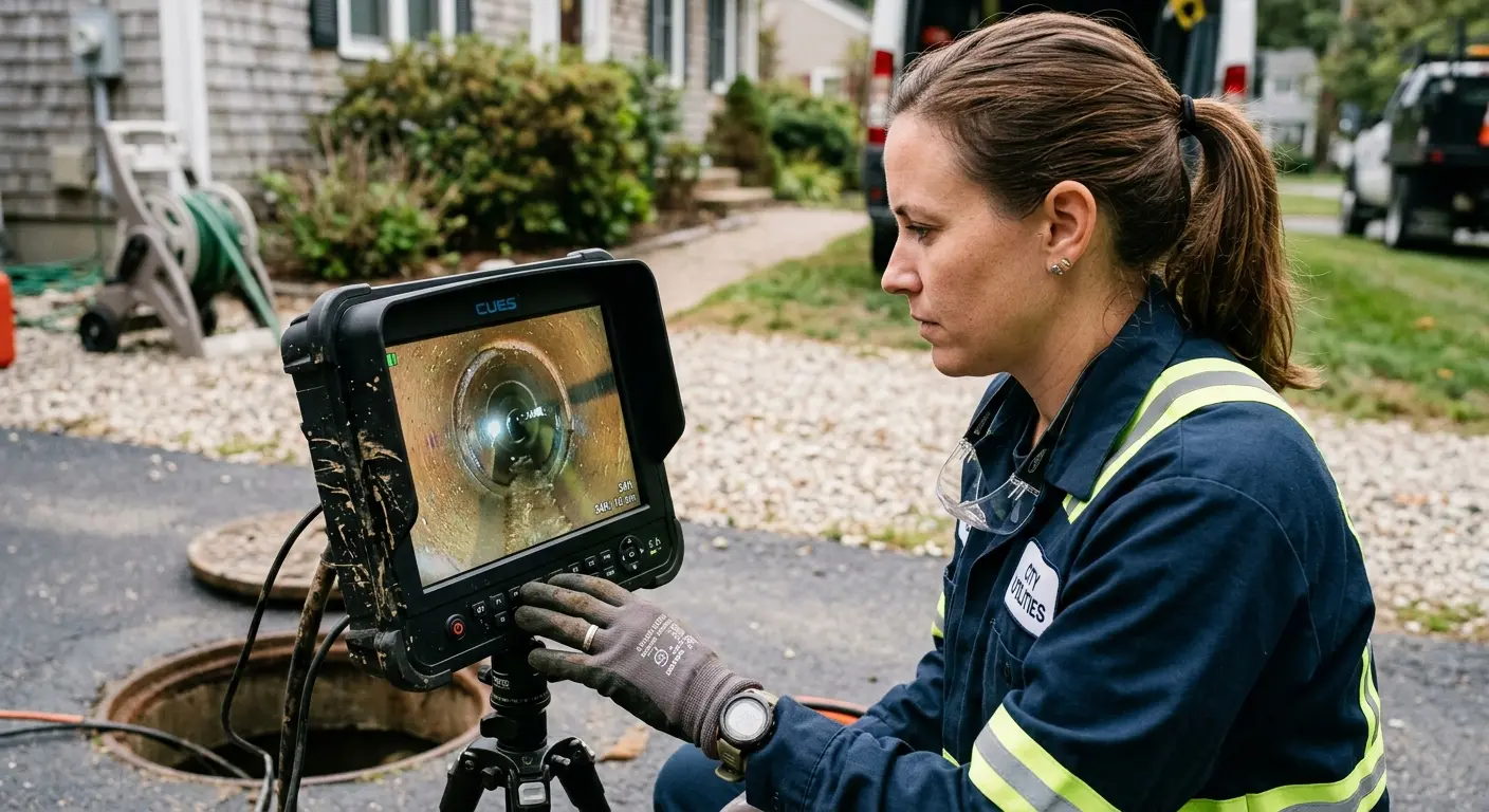 Technician reviewing sewer camera inspection footage in Green Bay