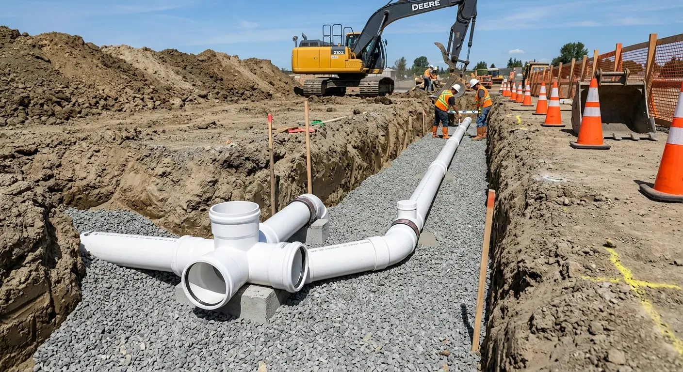 New PVC sewer pipe installation in open trench for Grease Trap Cleaning in Green Bay