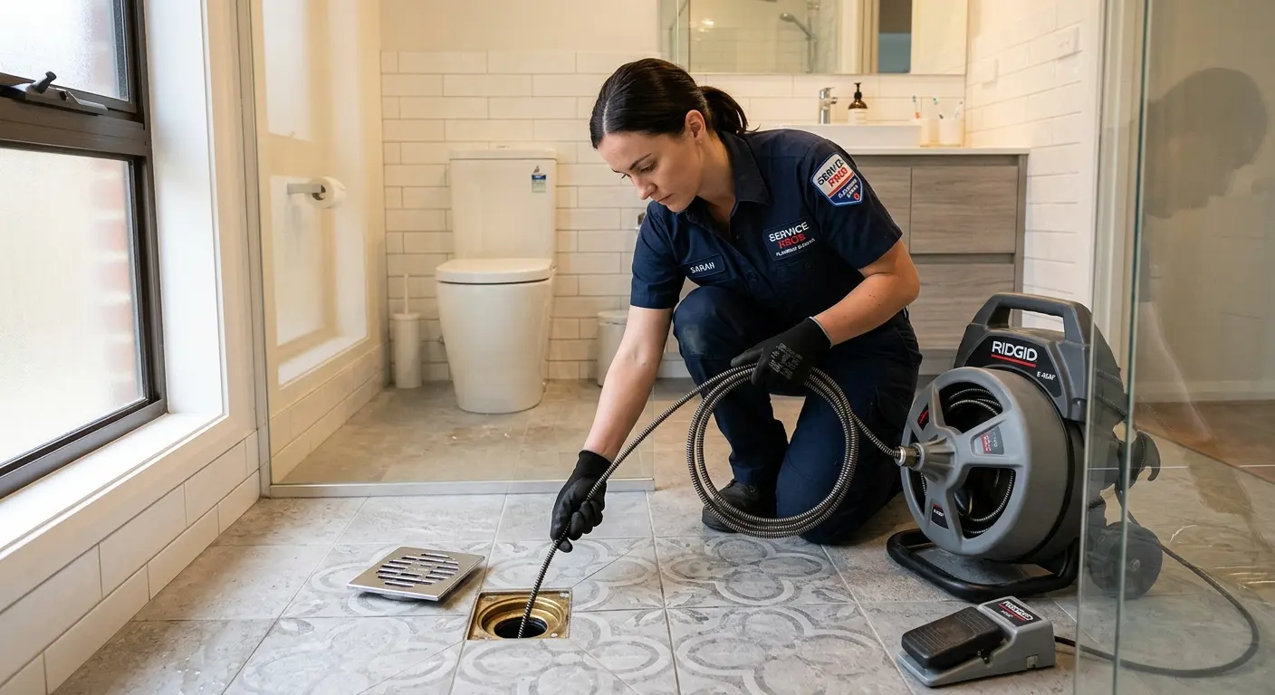 Technician clearing a bathroom floor drain for Sewer Line Installation in Green Bay